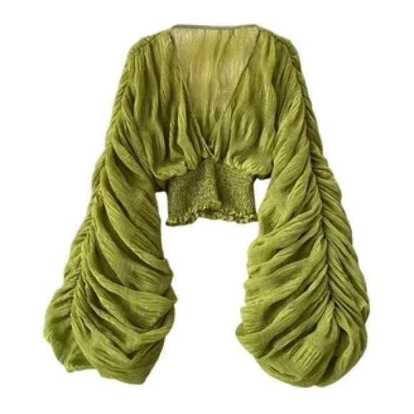 Tops - Chartreuse Green Chiffon Long Sleeve Bell Sleeve Top | Brand New | Small